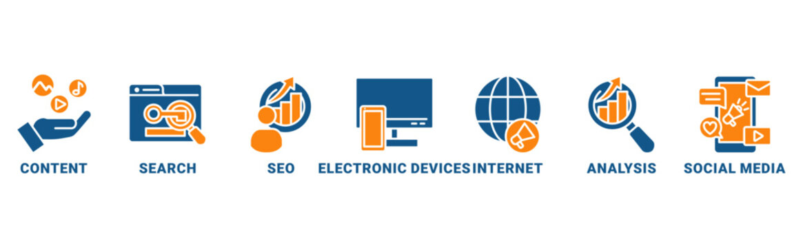 Digital Markating banner web icon vector illustration concept with icon of content, search, seo, electronic devices, internet, analysis,social media 