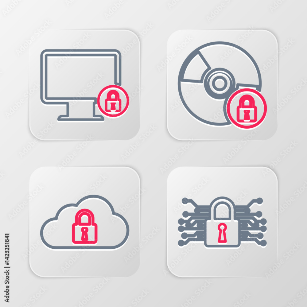 Poster set line cyber security, cloud computing lock, cd or dvd disk with and lock on monitor icon. vector