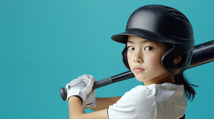 Asian girl in black baseball helmet holding bat on blue background with determined expression. Youth sports, athletic. Baseball training, sports equipment, children's competitive activities for girls.