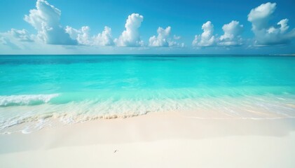 Obraz premium Turquoise waters lap against white sandy beach, sun, waves