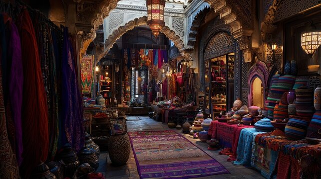 Colorful marketplace filled with textiles, pottery, and vibrant decorations in a historic location during late afternoon hours