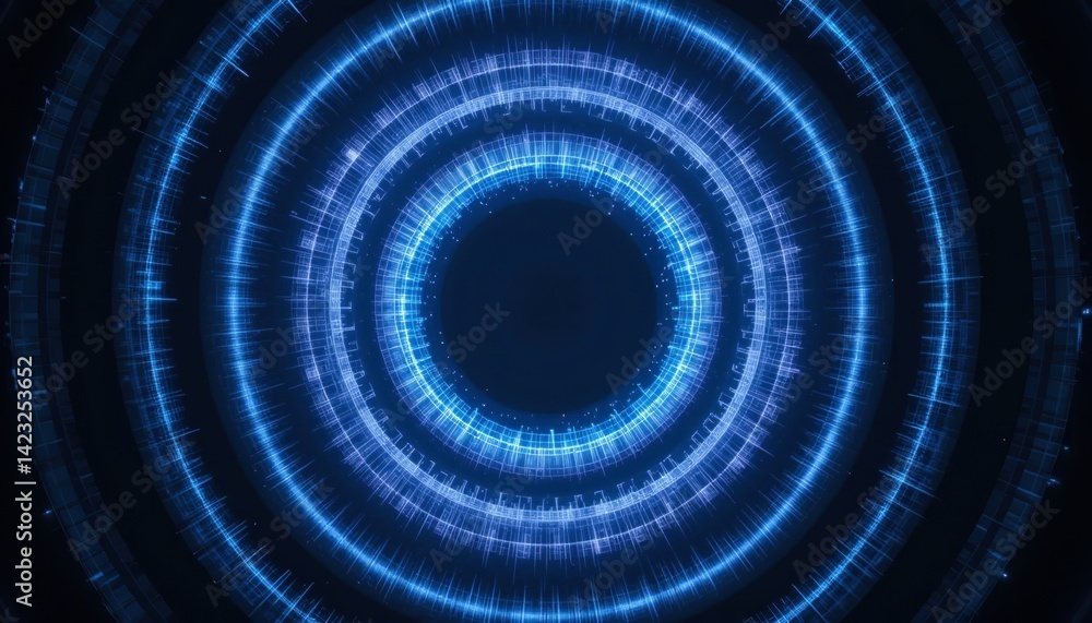 Poster dynamic blue light circles pulsating in a dark space abstract visual art digital environment close-u