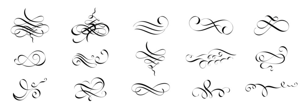 Calligraphy flourish. Letter swirl, pointed pen lettering ornaments and calligraphic lines vector set, Calligraphy flourish. Decorative flourishes ornament, ornamental swirl and vintage scrolls curls.