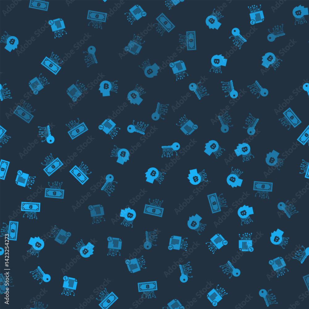 Poster set smart contract, bitcoin think, cryptocurrency key and bitcoin with circuit on seamless pattern. 