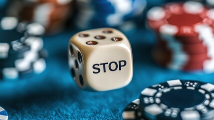 Translucent white die spelling stop positioned near poker chips, symbolizing gambling addiction risks against blue backdrop