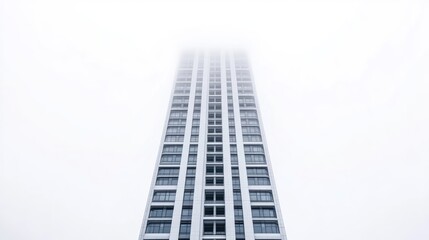 Obraz premium Modern Skyscraper Building Minimalist Style High-resolution, Soft Light Vertical, Low-angle Shot Urban Density, Foggy Atmosphere Cool Gray Tones Ideal for Architectural Websites