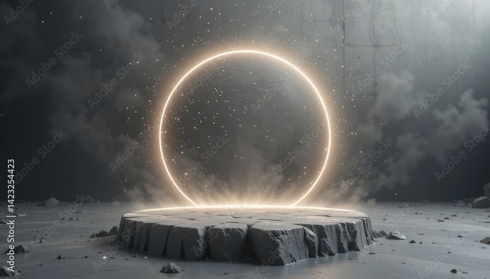 Poster illuminated circular portal opening abstract art installation digital environment ethereal atmospher