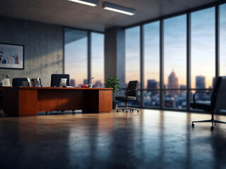 Office interior with computers and blurred city view. 3D Rendering. Created using generative AI tools