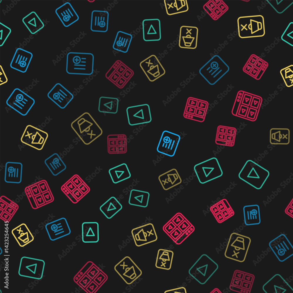 Poster set line add to playlist, play button, speaker mute and music on seamless pattern. vector