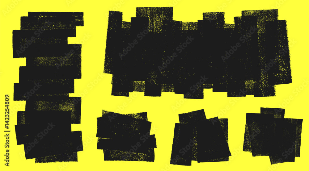 Poster linocut, relief block printing layered rectangles grungy textures vector set. artistic geometric com