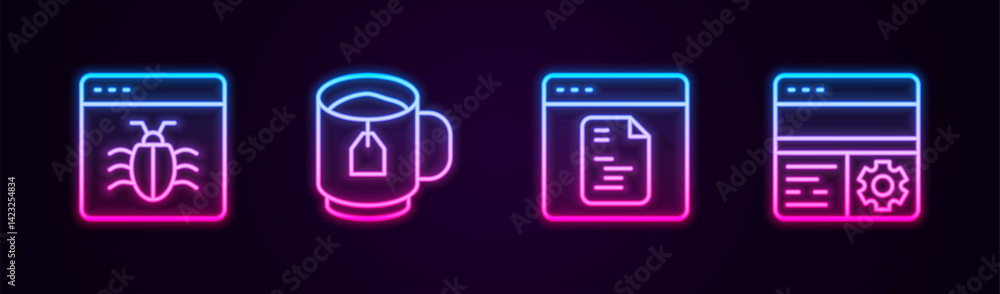 Aufkleber set line system bug, cup of tea with tea bag, software and debugging. glowing neon icon. vector
