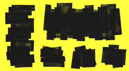 Linocut, relief block printing layered rectangles grungy textures vector set. Artistic geometric compositions frames backgrounds, uneven edge. Paint roller stains collection, textured lino ink remains