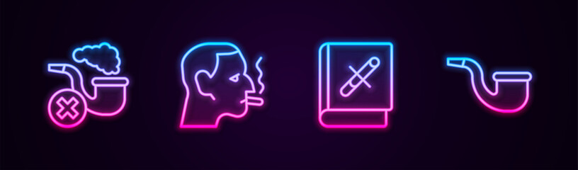 Set line Smoking pipe with smoke, Man smoking a cigarette, Book stop and No. Glowing neon icon. Vector