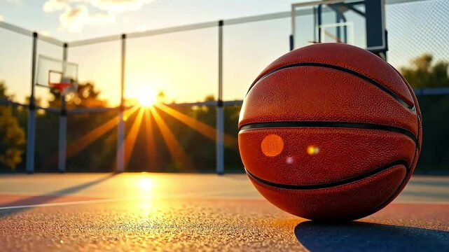 Basketball ball on the sports ground on a sunny day, outdoors. Sports game on the street concept