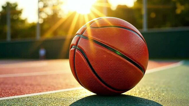Basketball ball on the sports ground on a sunny day, outdoors. Sports game on the street concept