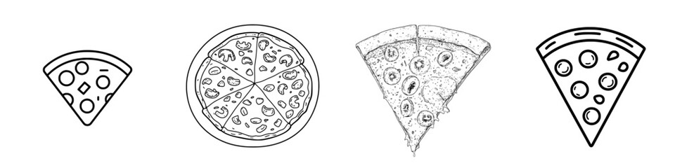 Creative vector illustration of different styles of pizza slices and whole pizzas for design or culinary projects