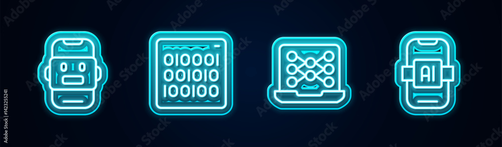 Poster Set line Chat bot, Binary code, Neural network and Artificial intelligence AI. Glowing neon icon. Vector