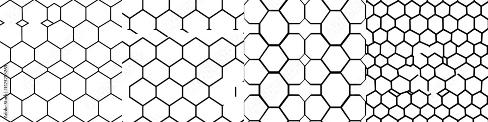 Poster multiple variations of hexagon patterns showcasing geometric design in vector style for artistic and
