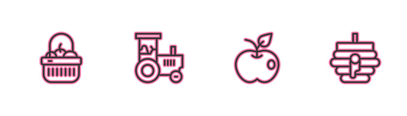 Set line Basket and food, Apple, Tractor and Hive for bees icon. Vector