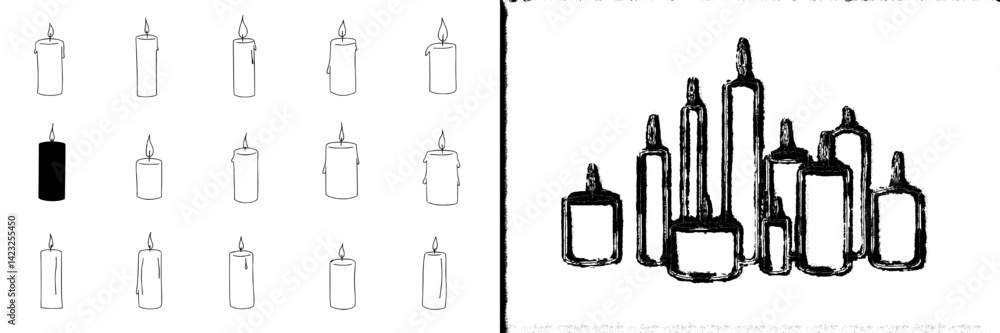 Poster vector illustration of various candle designs in artistic style with different sizes and shapes arra