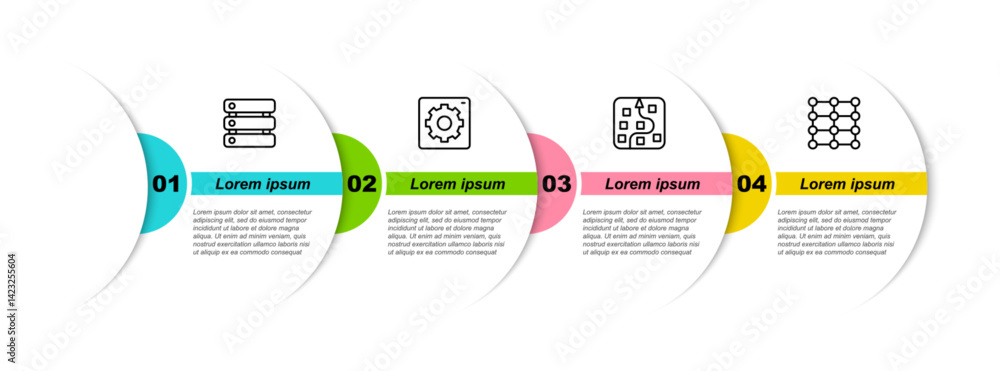 Poster set line server, data, computer api interface, neural network and . business infographic template. v