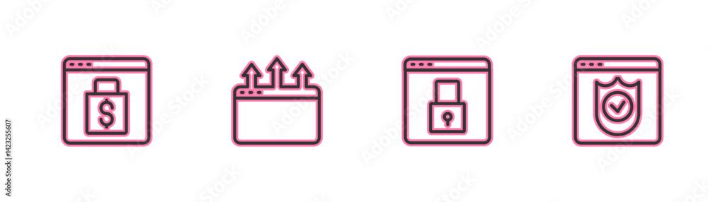 Poster set line online shopping on screen, secure your site with https, ssl, browser window and shield icon