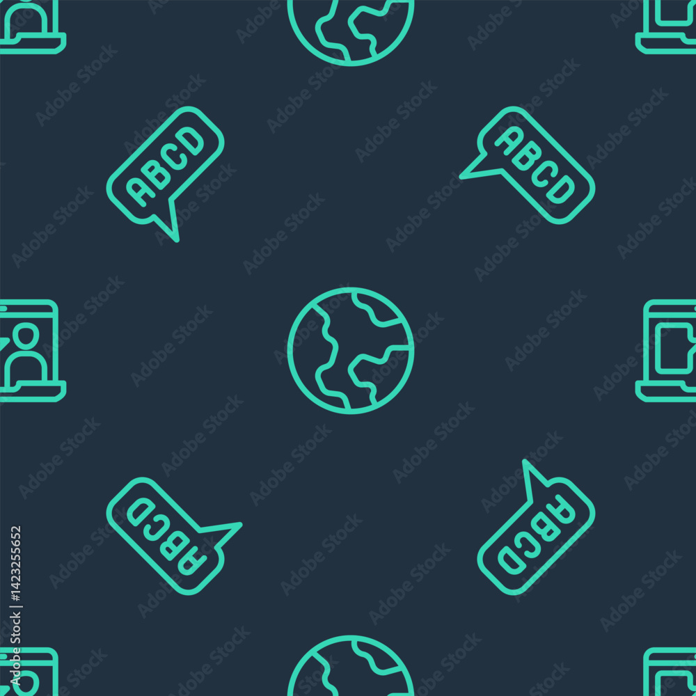 Poster set line earth globe, alphabet and foreign language online study on seamless pattern. vector