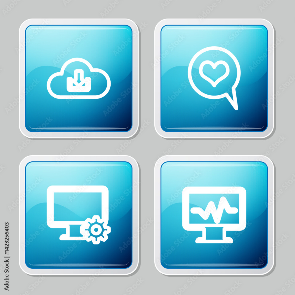 Poster set line cloud download, heart in speech bubble, computer monitor and gear and monitor with cardiogr