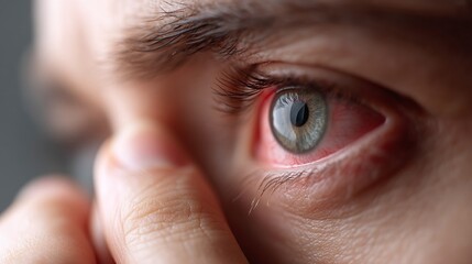 Close-up of man rubbing reddened eye, experiencing discomfort from conjunctival inflammation or eye infection