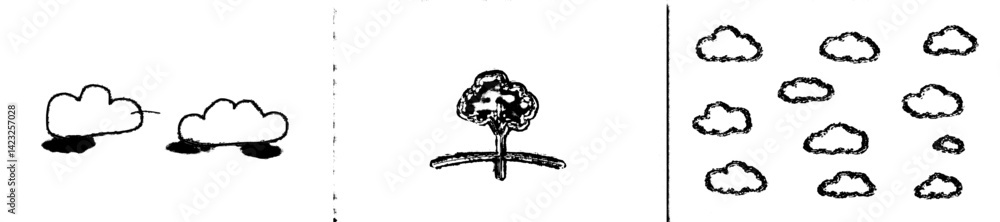 Poster icon vector illustration of clouds and a tree with simple, clear lines representing nature in minima