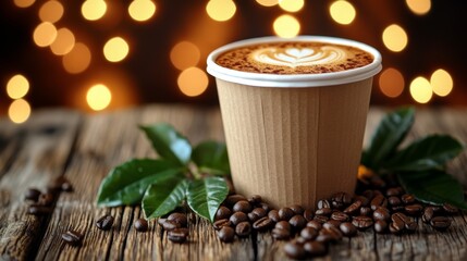 Cup of cappuccino with latte art on rustic table with coffee beans and bokeh lights