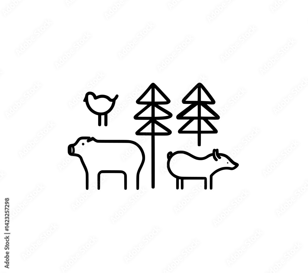Poster vector illustration featuring farm animals and trees in a simple design style capturing nature and w