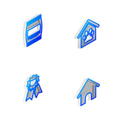 Set Isometric line Dog house and paw print pet, Bag of food, Cat award symbol and icon. Vector