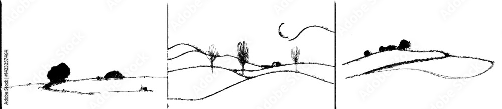Poster vector illustration of abstract landscape with rolling hills and sparse trees