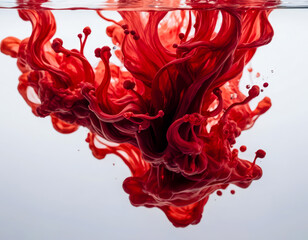 Flowing Red Ink in Water on Clean White Background – Abstract Digital Design for Product Packaging and Calm Ad Concepts