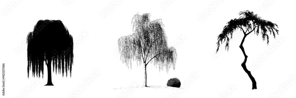 Aufkleber vector illustrations of three different tree silhouettes showcasing diverse shapes and styles on a p