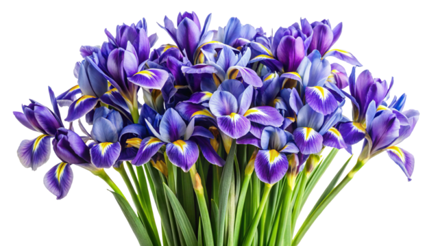 A beautiful bouquet of vibrant purple irises on a crisp Trensprent  Background png