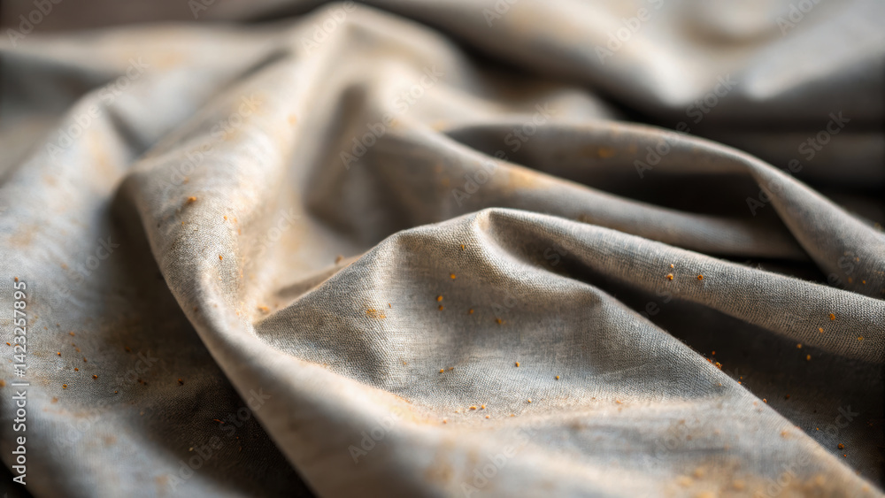 Poster soft fabric with subtle texture and dust particles creates inviting atmosphere in cozy shop setting