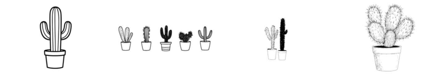 Obraz premium Stylized vector illustration of various cacti in decorative pots showcasing unique shapes and details suitable for design projects