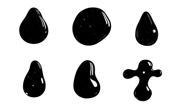 The black splash set features ink drops and splashes in an artistic, modern, dirty, and grunge style, with abstract spots and blotter spots of liquid paint, as well as drip drops, splashes, and ink