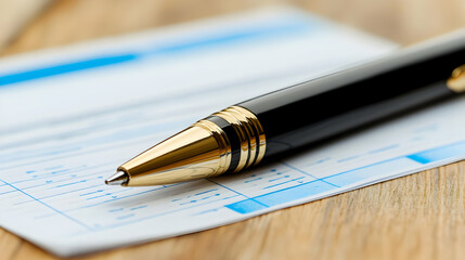 Black And Gold Pen On A Check On Wooden Desk