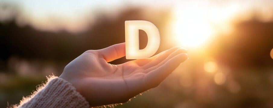 Hand revealing vitamin d letter near sunset, symbolizing health benefits through sunlight exposure