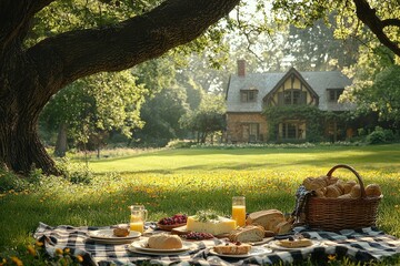 Summer picnic spread on a checkered blanket under an oak tree in a lush park, featuring fresh bread, cheese, berries, and wildflowers.