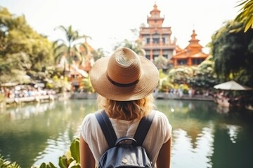 A Young tourist happily takes photos travel adult back.