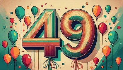 Number 49 with balloons. Retro style illustration for forty-ninth birthday or anniversary