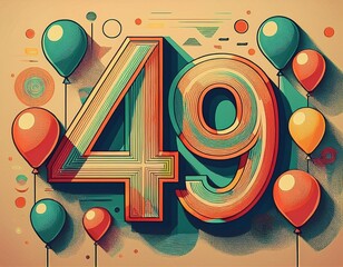 Number 49 with balloons. Retro style illustration for forty-ninth birthday or anniversary