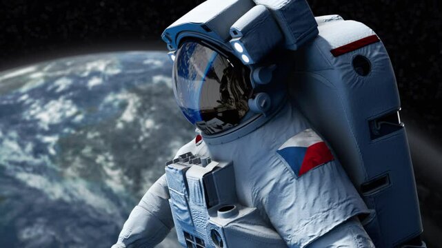 Czech Astronaut with arm patch flag floating through space. Space program. Spaceman. Earth in background. The country showing national pride. 