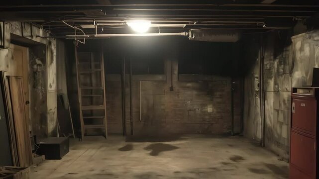 Lights are flashing in a dimly lit Empty basement with protruding pipes
