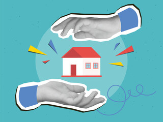 Black and white hands holding a small house with red roof. Modern photo collage style. Vector illustration