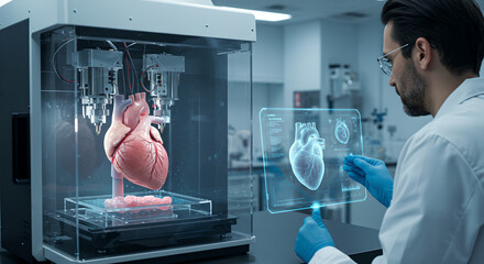 Futuristic 3D printer creates an artificial heart. Worker looking on medical innovation, organ printing. Bioengineering blends healthcare, science and technology